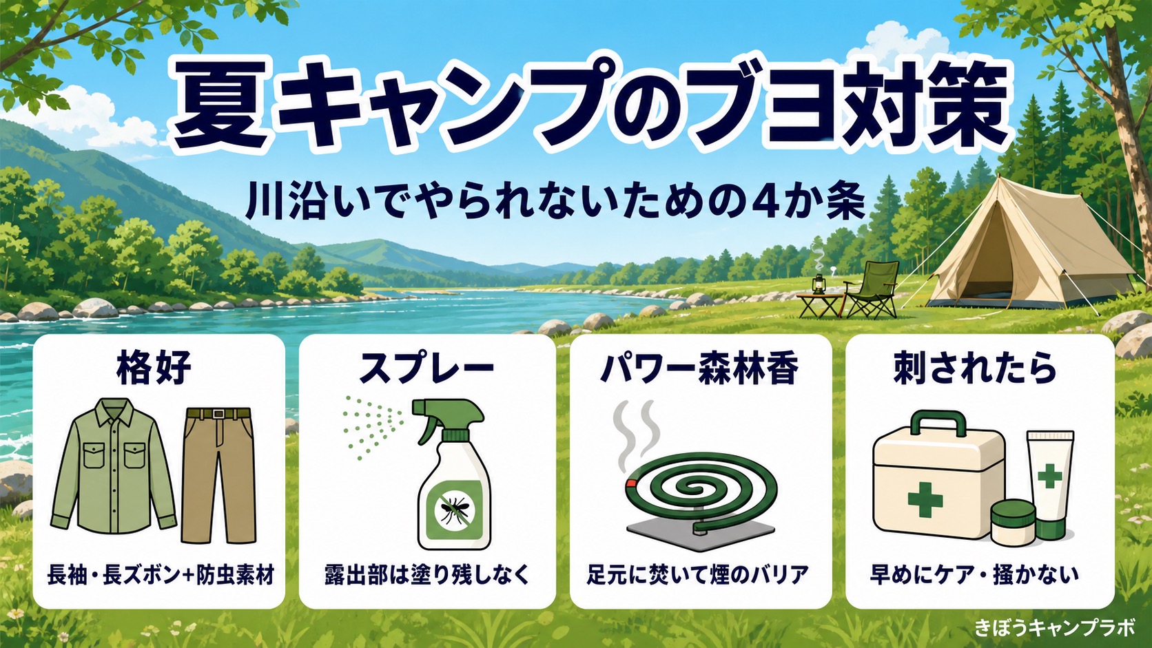夏キャンプのブヨ対策|長袖長ズボンと防虫素材、虫除けスプレー、パワー森林香を図解