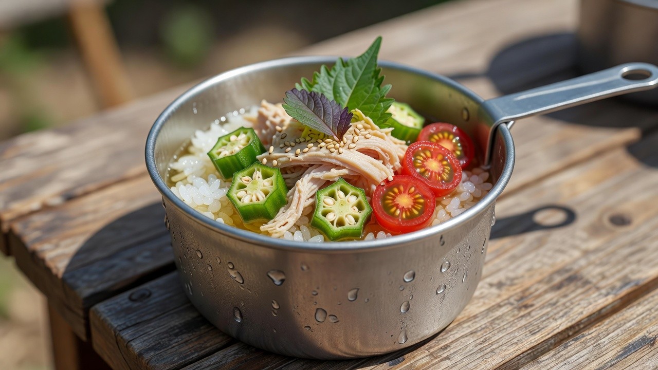 夏キャンプ飯 塩レモン鶏とオクラの冷やし茶漬けの完成イメージ