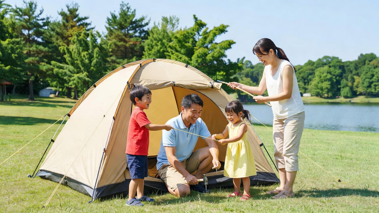夏の湖畔で子連れキャンプを楽しむ家族