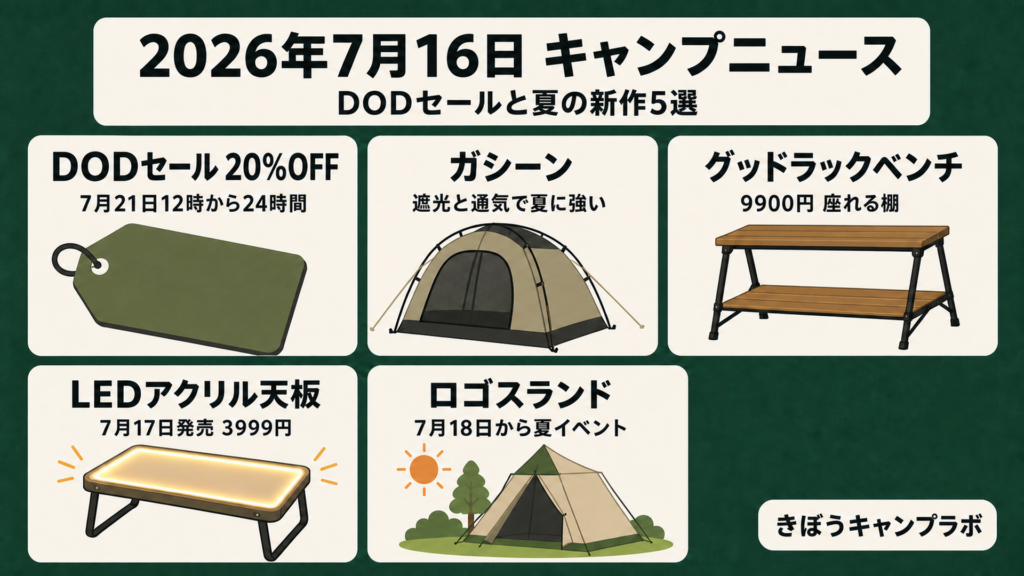DODセールと2026年7月16日のキャンプニュース5選をまとめたインフォグラフィック