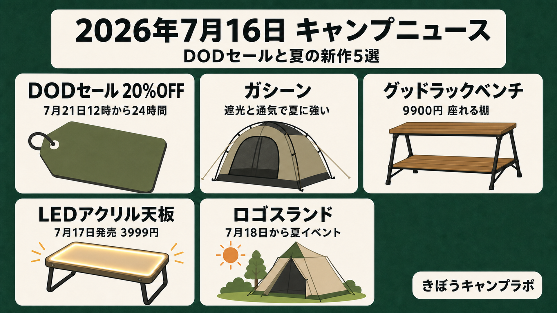 DODセールと2026年7月16日のキャンプニュース5選をまとめたインフォグラフィック