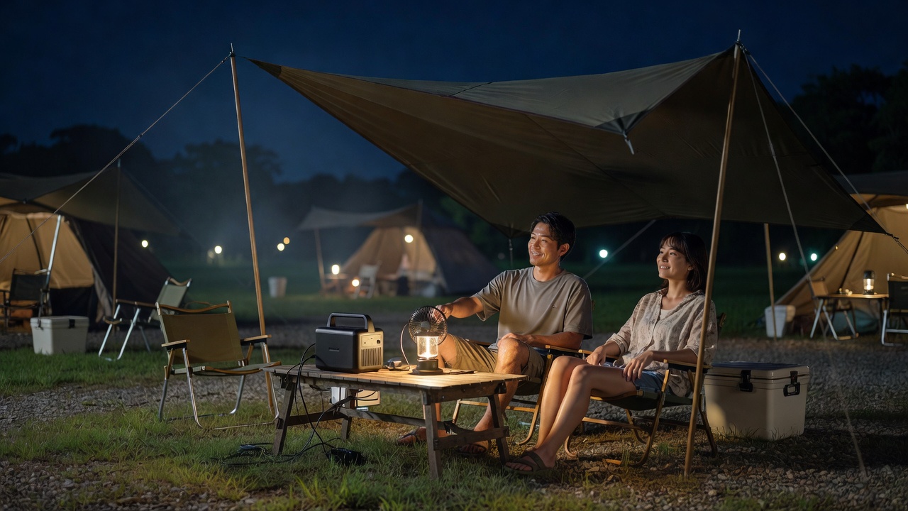 ポータブル電源1000Whで扇風機とランタンを動かす夏の夜のキャンプ