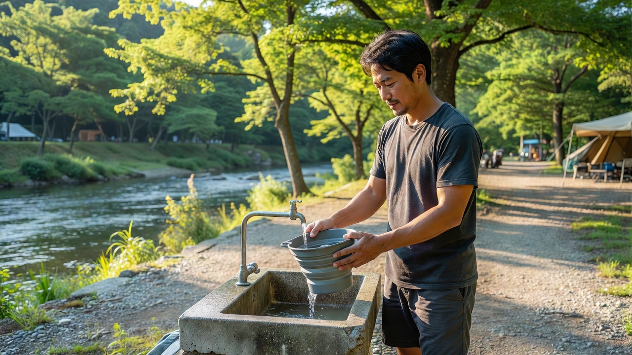 夏の朝の炊事場でキャンプ用ウォータージャグに水を汲む