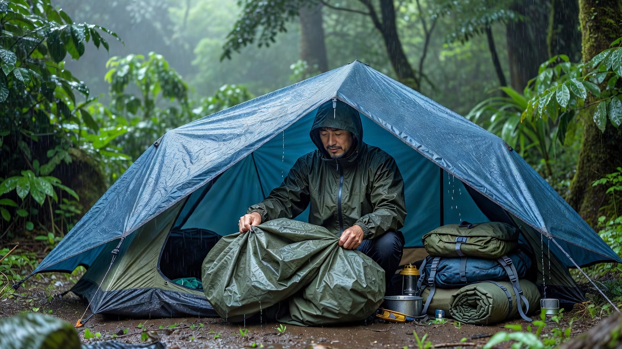 タープの下でキャンプの雨撤収をするキャンパー