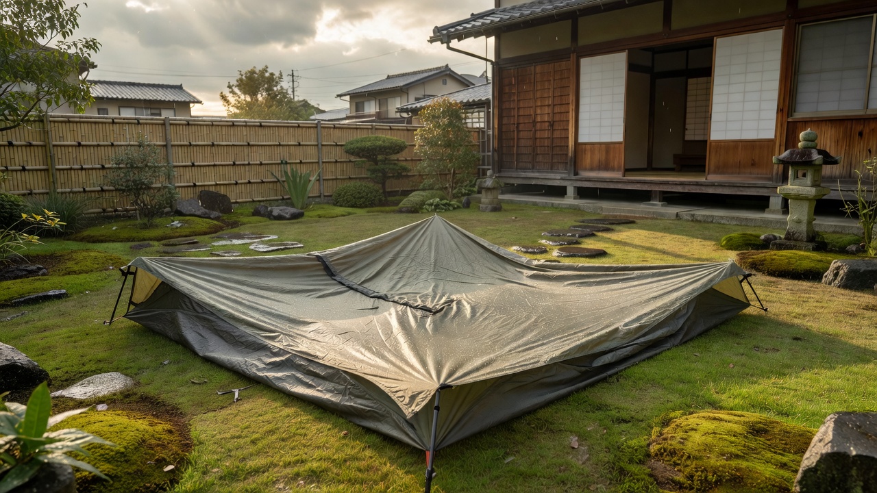 帰宅後に庭で乾かしているテント(キャンプの雨撤収の仕上げ)