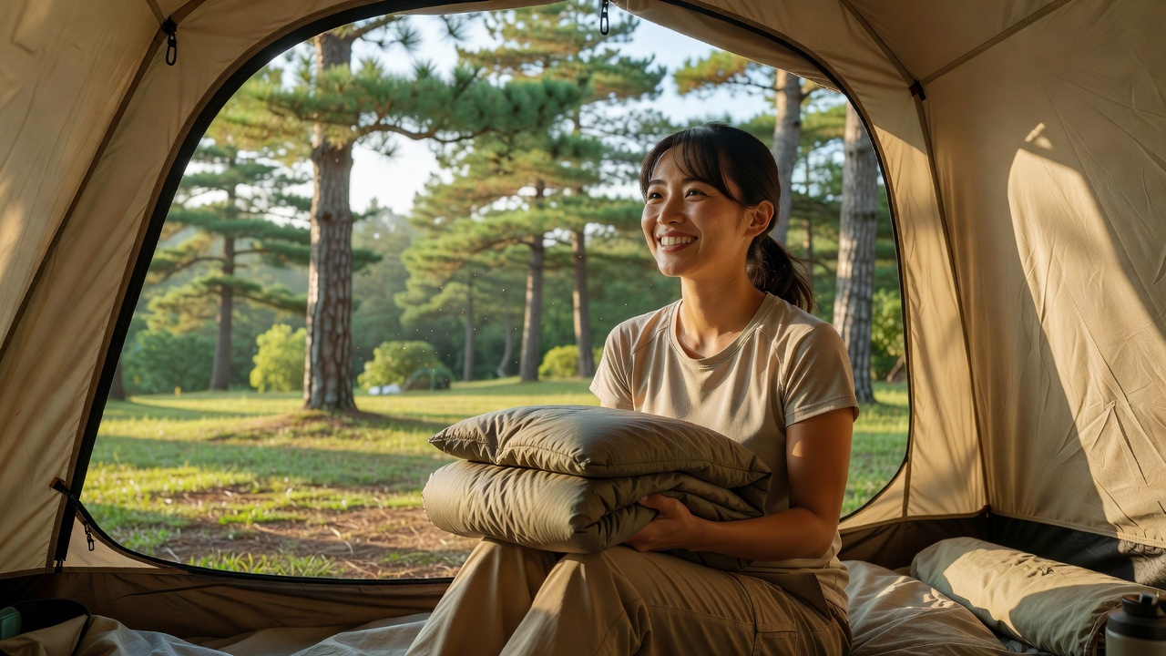 テントで薄手の寝袋を手にするキャンパー（夏の寝袋の選び方）