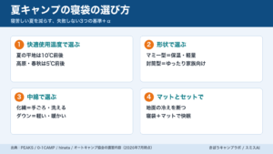 夏の高原キャンプのテント内に置かれた寝袋とマット（寝袋の選び方）