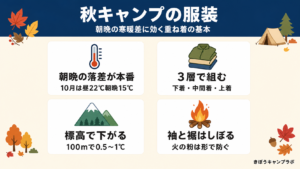 秋キャンプの服装の要点をまとめた図解
