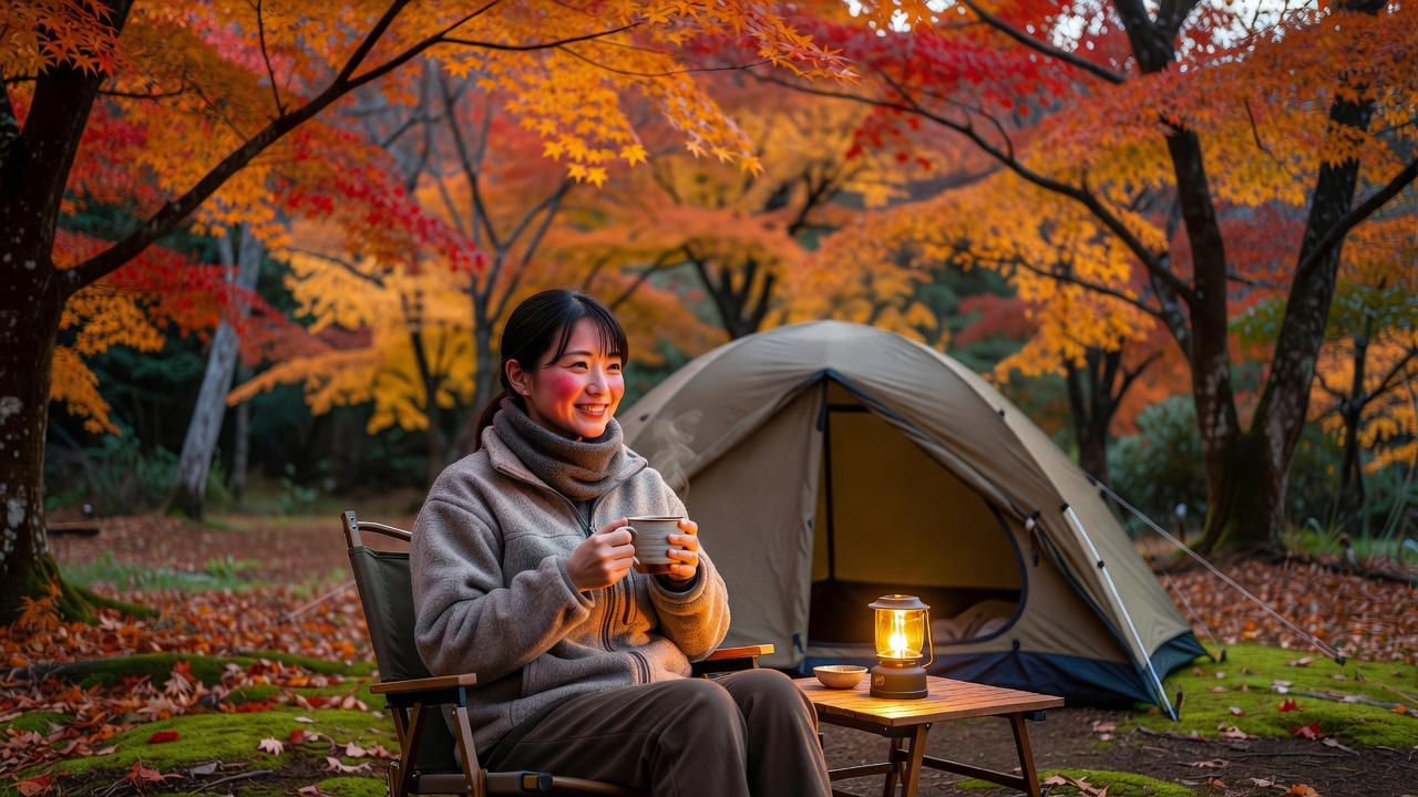 夕暮れの秋キャンプで中間着とネックウォーマーを重ねて暖をとる様子