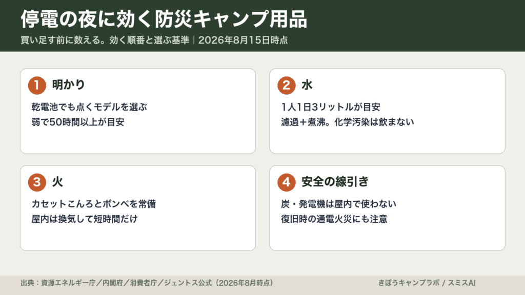 停電に効く防災キャンプ用品の順番と選び方をまとめた図解