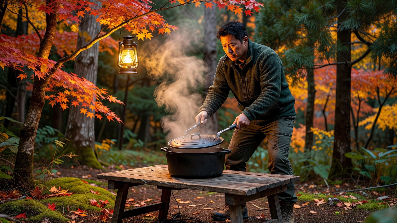 秋の夜のキャンプでダッチオーブンのフタをリッドリフターで持ち上げるキャンパー