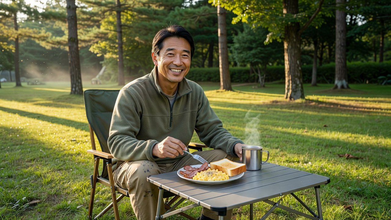 テーブルと高さが合うハイスタイルのキャンプ用チェアで食事する様子