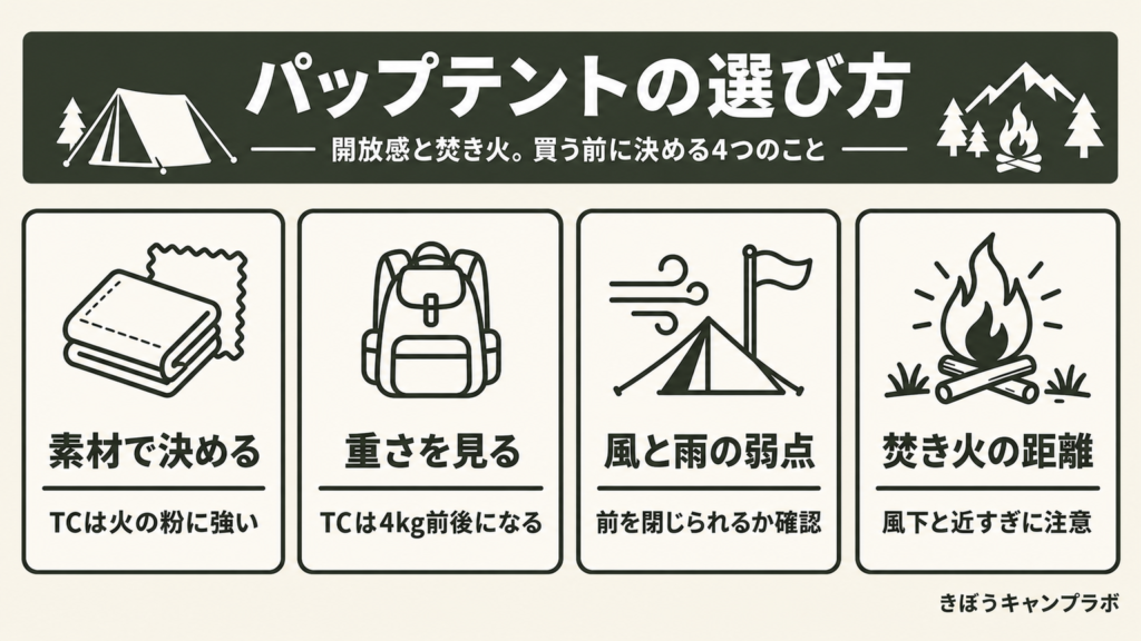 パップテントの選び方を4つの判断軸で整理した図解