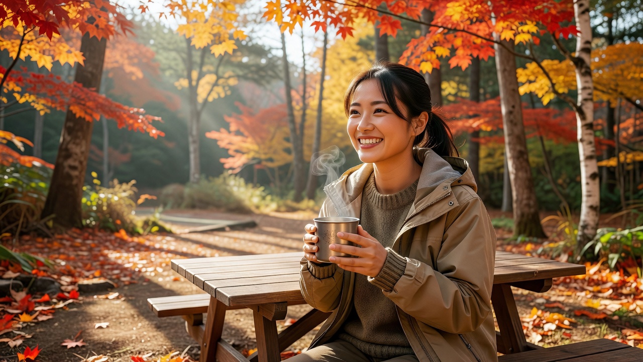 紅葉のキャンプ場でチタンマグを両手で持つ女性キャンパー