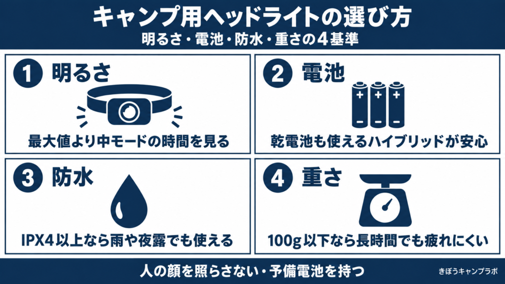 キャンプ用ヘッドライトの選び方を4つの基準でまとめた図解