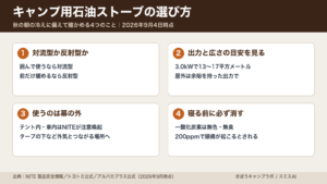 キャンプ用石油ストーブの選び方の要点を対流型と反射型・出力の目安・幕の外で使う・就寝前に消すの4点で示した図解