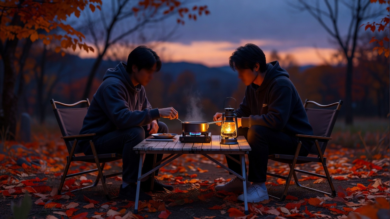 キャンプ用ローテーブルで卓上バーナーを使って夕食をとる2人