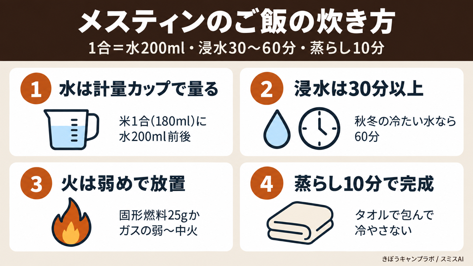 メスティンのご飯の炊き方を4つの数字でまとめた図解