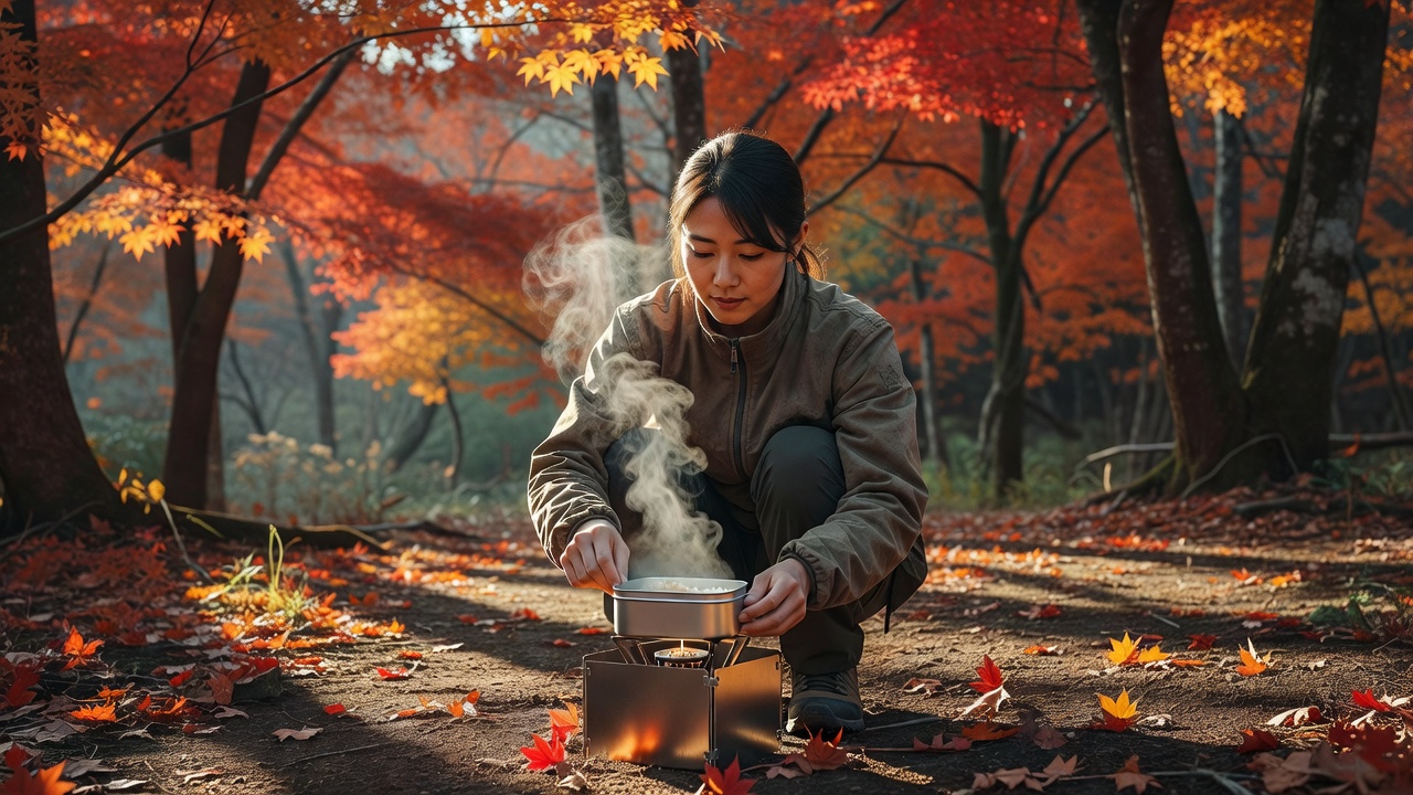 メスティンのご飯の炊き方を実践する、固形燃料で炊飯中のキャンパー