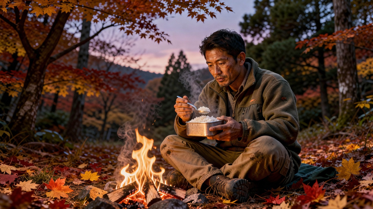 焚き火のそばでメスティンのご飯を食べるキャンパー