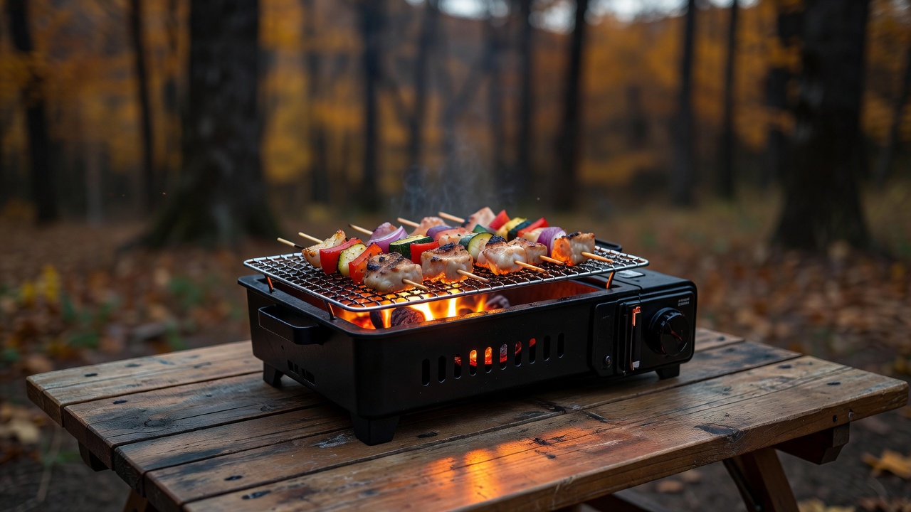 秋のキャンプ場の木製テーブルに置いた炉ばた焼き器で串焼きを焼くようす