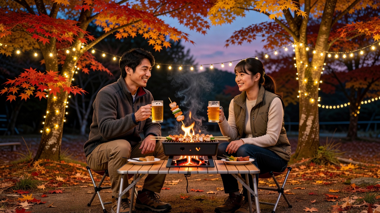 紅葉のキャンプ場で炉ばた焼き器を囲んで串焼きと乾杯を楽しむ二人
