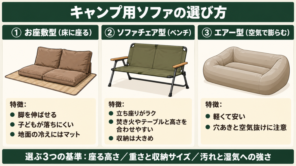 キャンプ用ソファの選び方を3つのタイプと3つの基準でまとめた図解