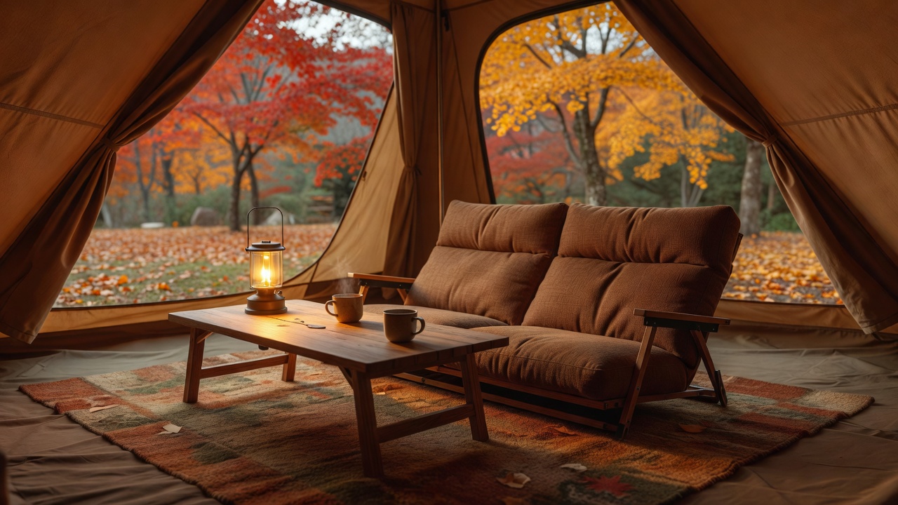 紅葉のキャンプ場のテント内に置いた、ローテーブルと低いソファ