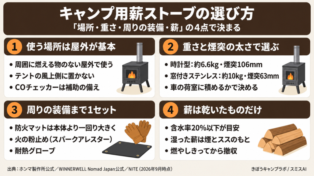 キャンプ用薪ストーブの選び方を4つの基準でまとめた図解