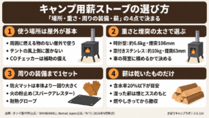 キャンプ用薪ストーブの選び方を4つの基準でまとめた図解