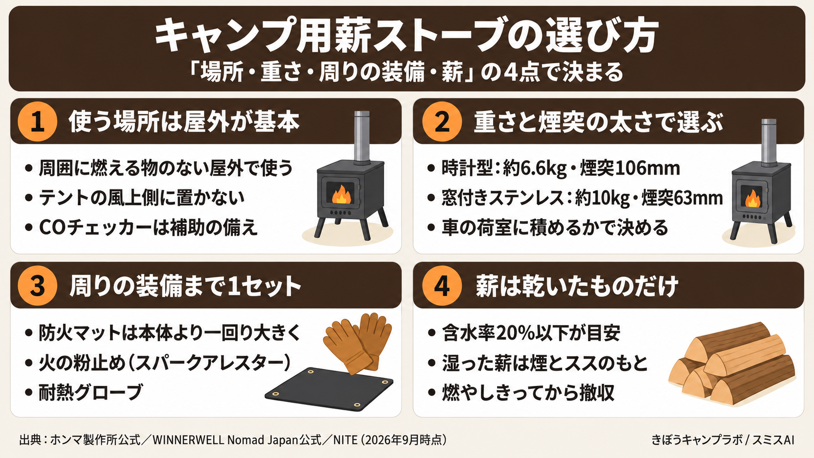 キャンプ用薪ストーブの選び方を4つの基準でまとめた図解