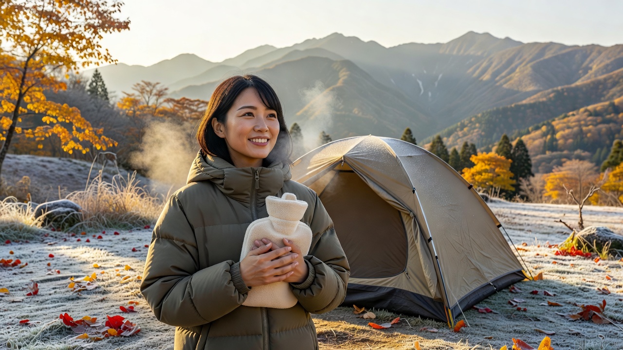 霜の降りた秋の朝にキャンプ用湯たんぽを抱えるキャンパー