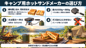 キャンプ用ホットサンドメーカーの選び方4つのポイントをまとめた図解