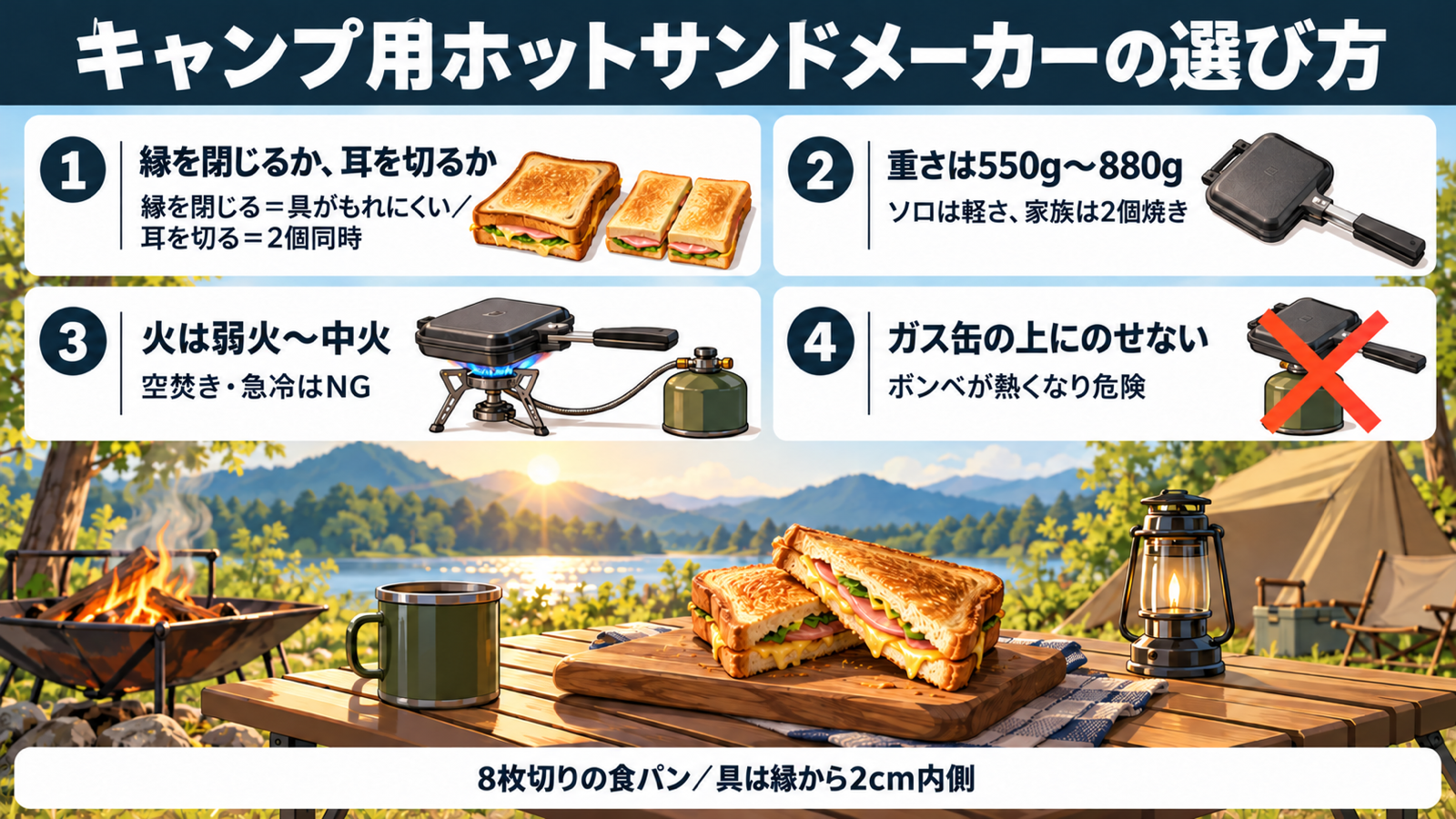 キャンプ用ホットサンドメーカーの選び方4つのポイントをまとめた図解