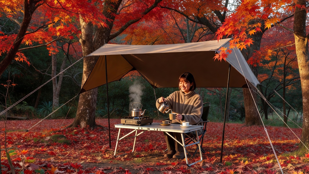 キャンプ用アルミテーブルでコーヒーをいれるイメージ