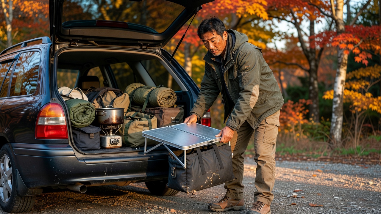 収納袋に入れたアルミテーブルを車に積むイメージ