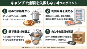 キャンプで燻製を失敗しない4つのポイントをまとめた図解