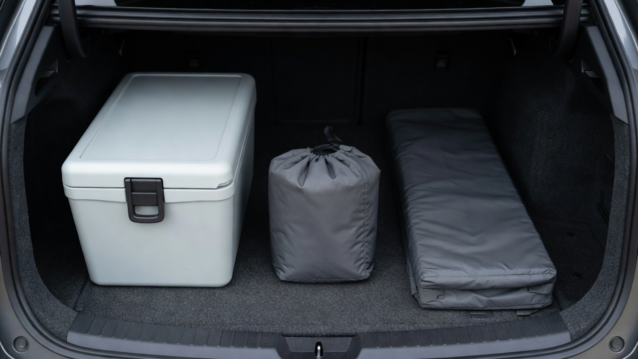 車の荷室にチェアの収納袋とテーブルを積んだイメージ