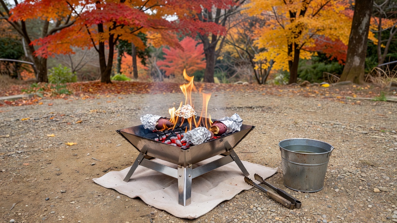 焚き火の焼き芋の準備として焚き火台と焚き火シートと消火用の水をそろえた様子